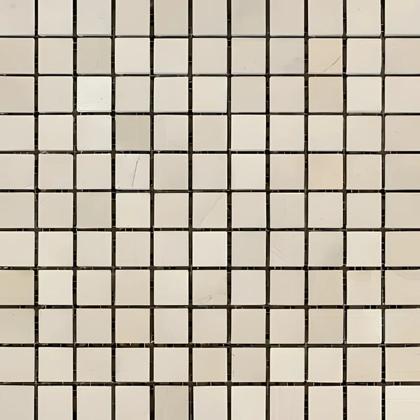 Beige square mosaic tiles in Crema Marfil Marble 1X1 Mosaic Polished or Honed