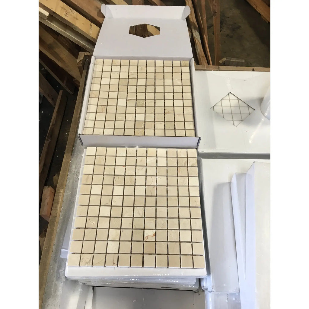 Crema Marfil Marble 1x1 Polished Mosaic in White Box
