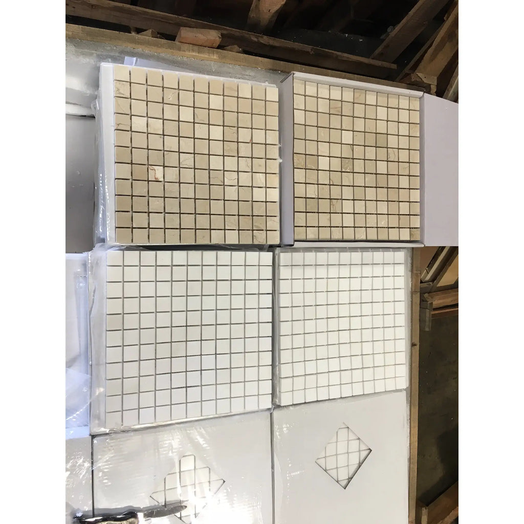 Crema Marfil Marble 1x1 polished mosaic tile panels in plastic wrap