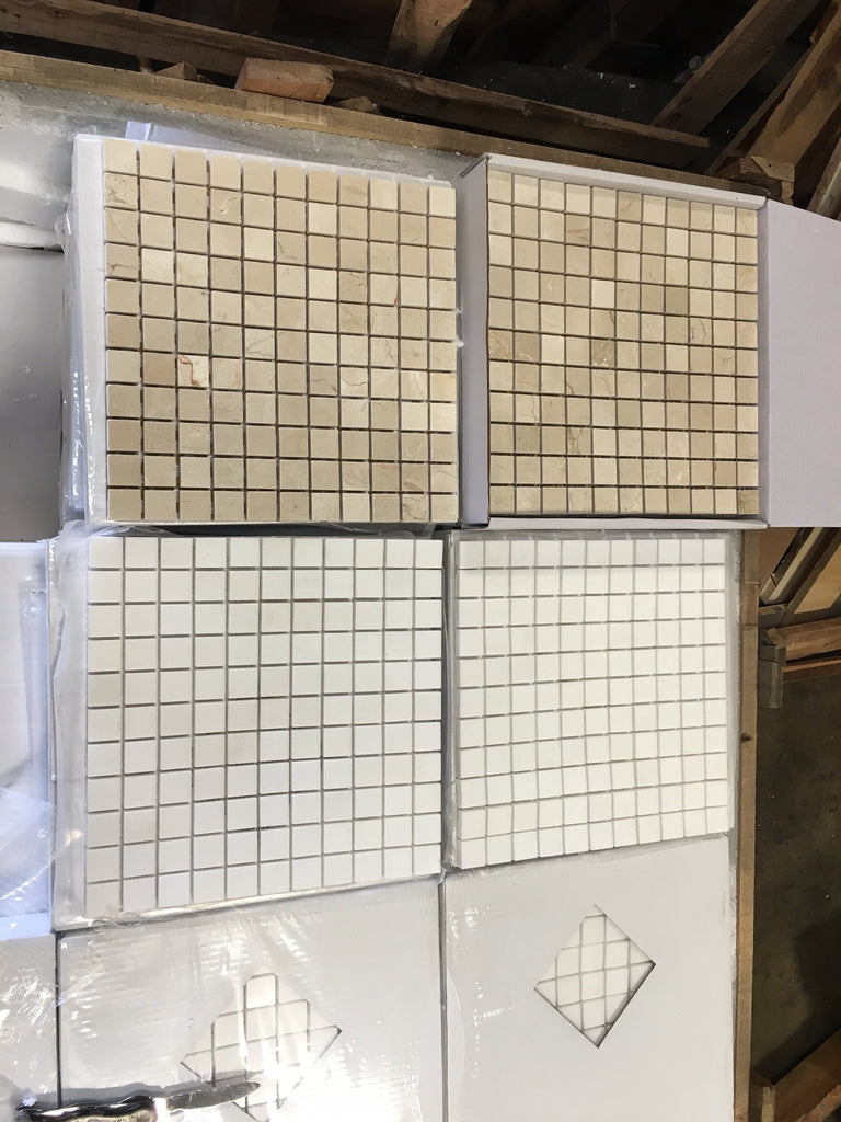 Crema Marfil Marble 1x1 polished mosaic tile panels in plastic wrap
