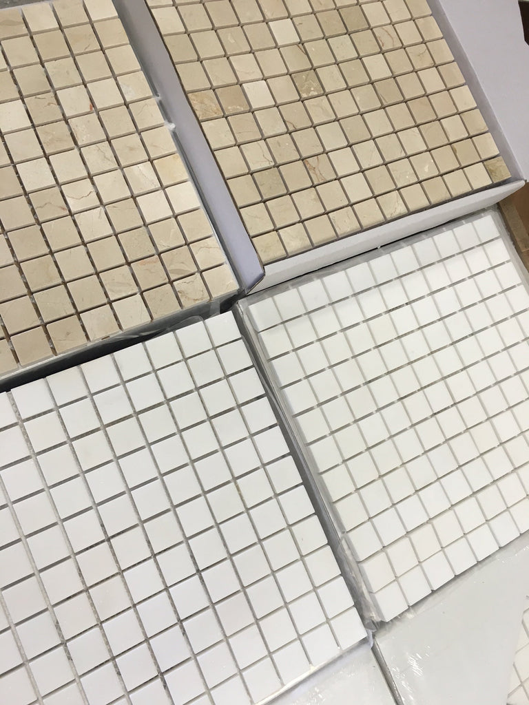 Crema Marfil Marble 1x1 polished beige and white mosaic tiles in grid pattern