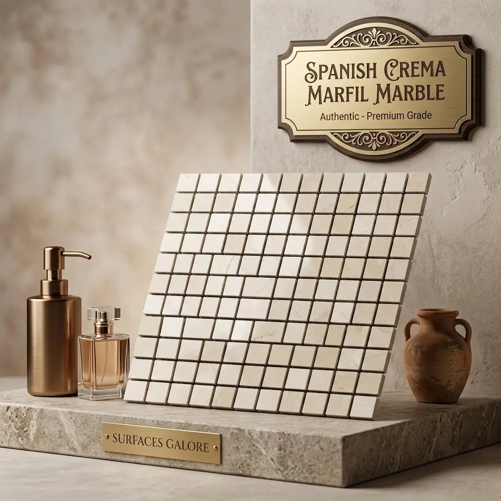 Crema marfil marble 1x1 mosaic tile panel with creamy white surface and subtle veins in polished or honed finish
