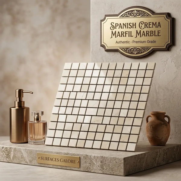 Crema marfil marble 1x1 mosaic tile panel with creamy white surface and subtle veins in polished or honed finish