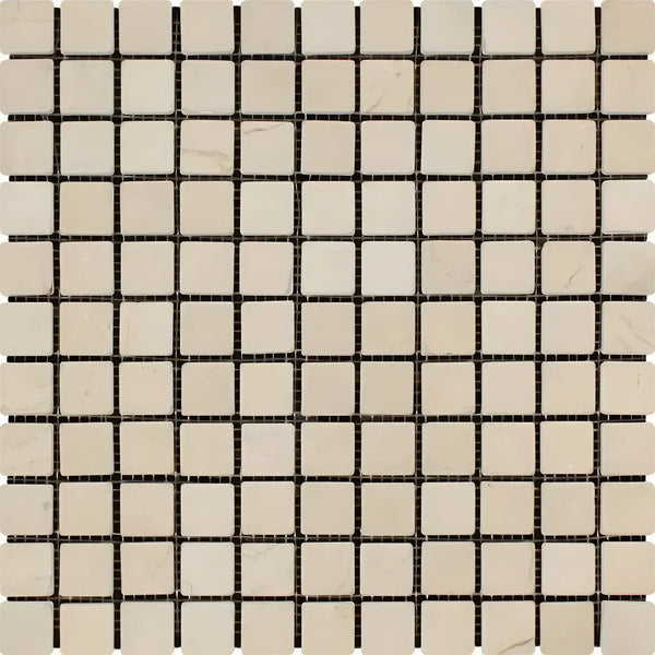 Beige square mosaic tile sheet of Crema Marfil Marble 1X1 Mosaic Tumbled