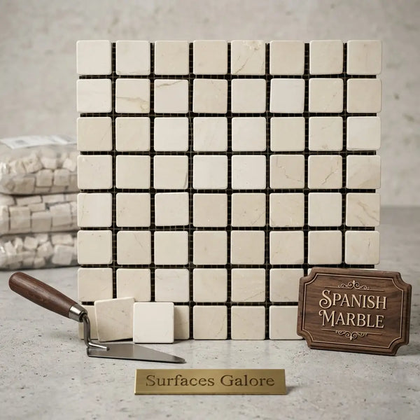 A square mosaic tile panel of crema marfil marble in light cream with subtle veining arranged in a grid pattern