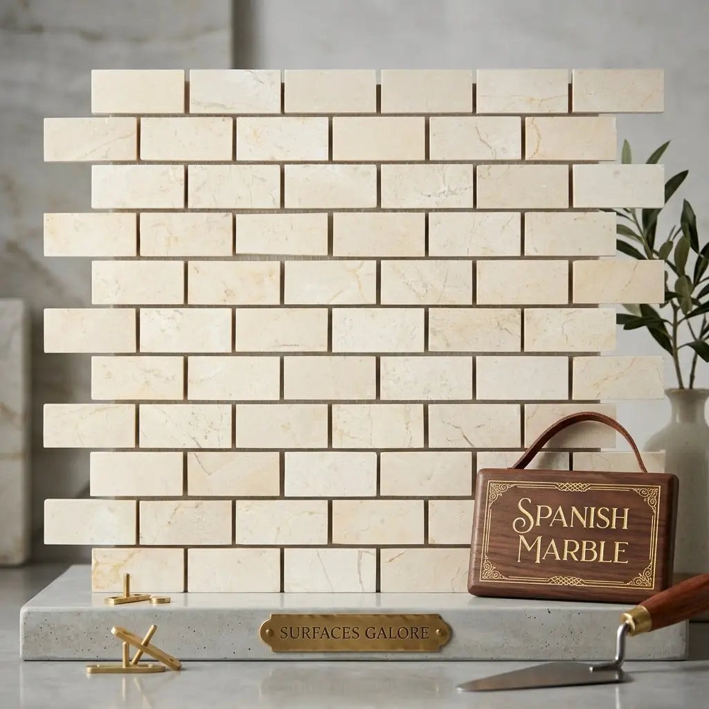 Crema marfil marble beige 1x2 brick mosaic tile polished or honed arranged in a brick pattern