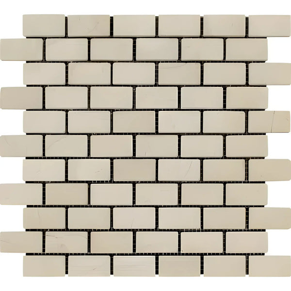 Beige Brick Mosaic Tile in Crema Marfil Marble 1X2 Brick Mosaic Tumbled design