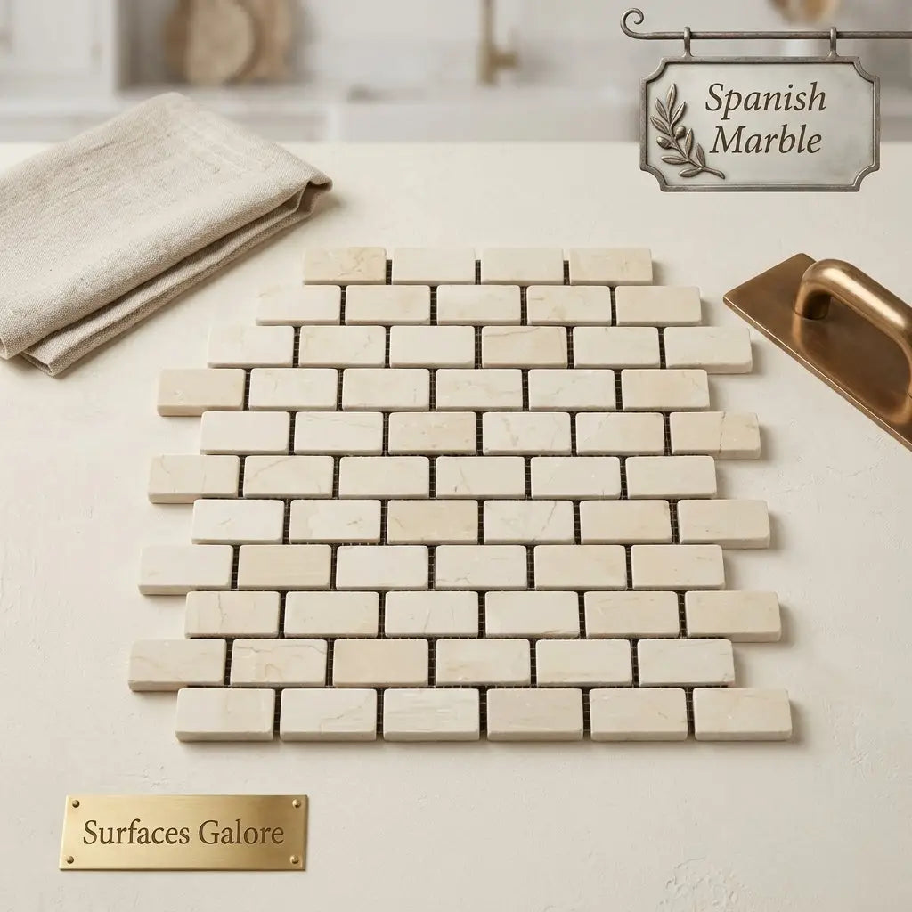 Crema marfil marble 1x2 tumbled mosaic tiles in beige spanish marble arranged in a classic brick pattern