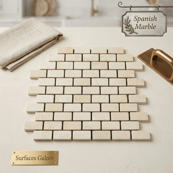 Crema marfil marble 1x2 tumbled mosaic tiles in beige spanish marble arranged in a classic brick pattern