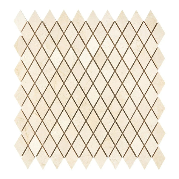 Diamond-patterned beige mosaic tile sheet from Crema Marfil Marble collection