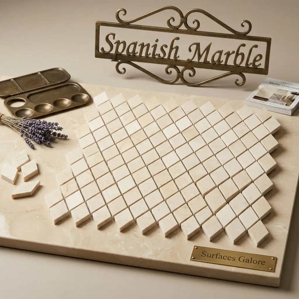 Beige crema marfil marble 1x2 diamond rhomboid mosaic tile with polished or honed finish and subtle veining pattern