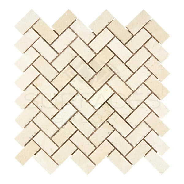 Herringbone pattern showcasing Crema Marfil Marble 1X2 Mosaic in polished finish