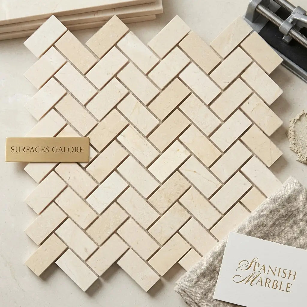 Crema marfil beige spanish marble tiles arranged in a polished herringbone mosaic pattern for flooring or walls