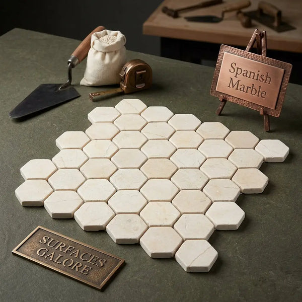 Crema marfil marble 2 inch hexagon mosaic tumbled tiles in light cream with subtle veining arranged in honeycomb pattern