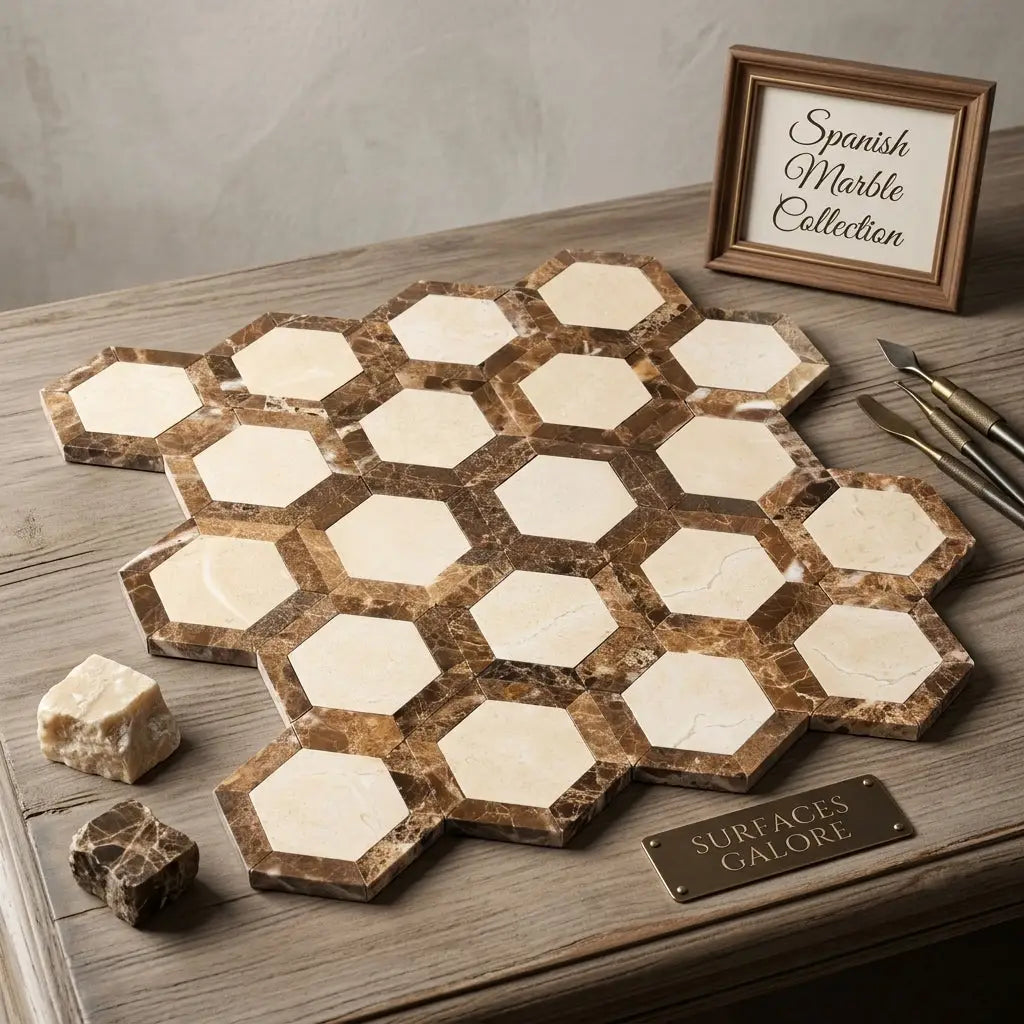 Crema marfil marble 2 inch vortex hexagon polished mosaic tiles with cream and brown veining in honeycomb pattern