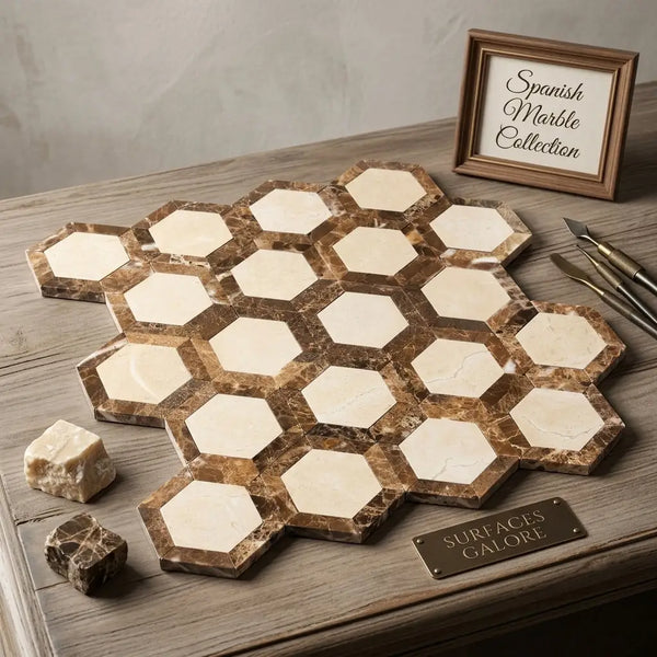 Crema marfil marble 2 inch vortex hexagon polished mosaic tiles with cream and brown veining in honeycomb pattern