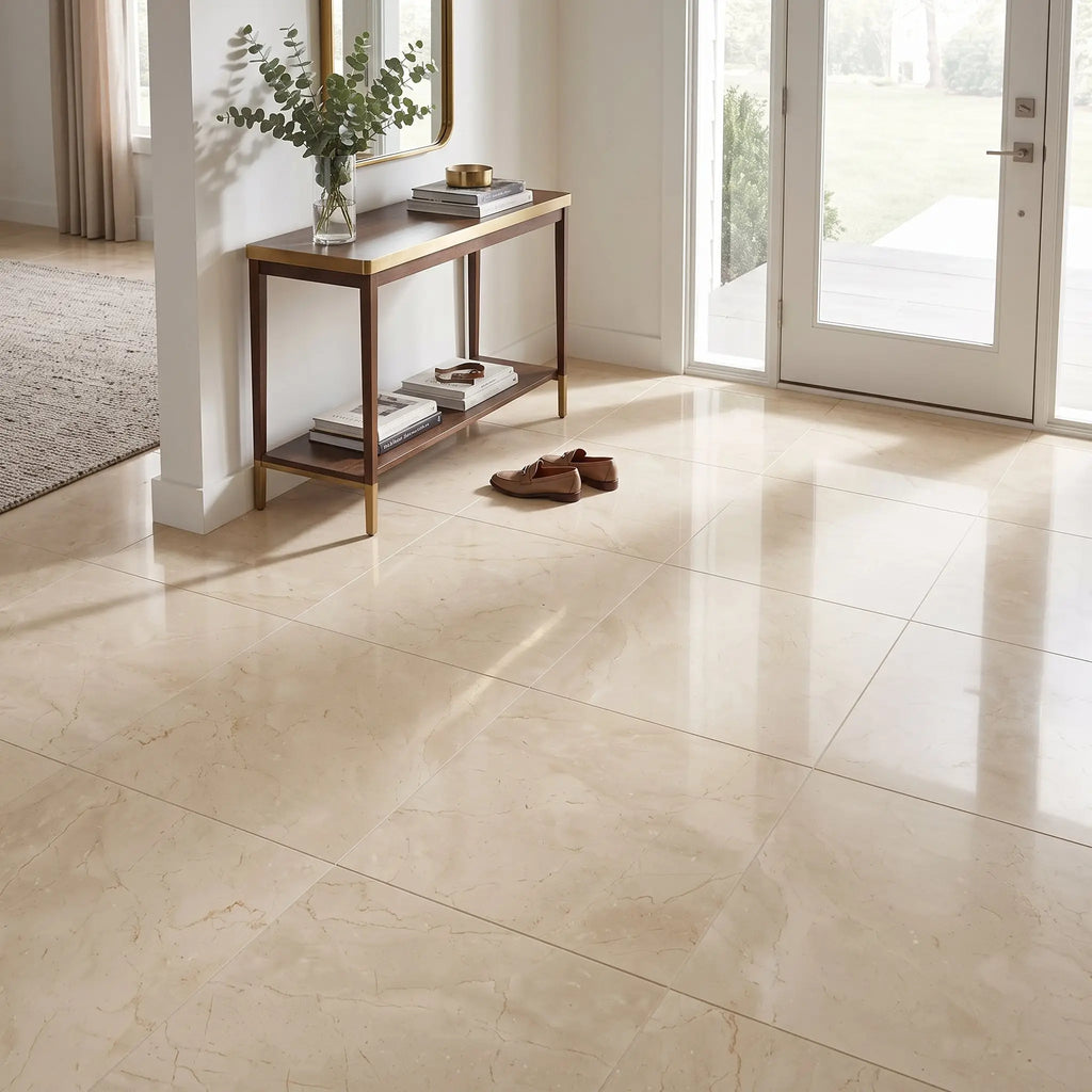 Crema Marfil marble 24x24 polished beige floor tiles with subtle veining and glossy finish