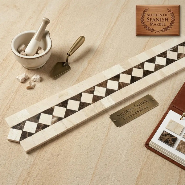 Authentic spanish crema marfil marble 2x12 bias border tile with classic black and cream diamond pattern polished finish