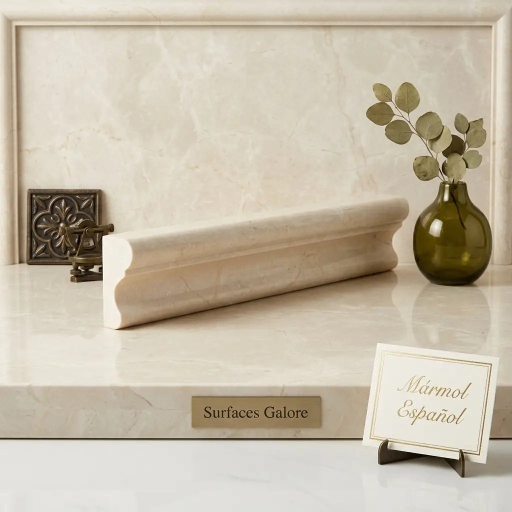 Cream-colored polished Crema Marfil marble 2x12 crown Mercer molding liner with smooth curve and subtle veining