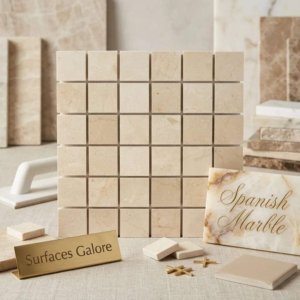 Beige crema marfil marble 2x2 mosaic tile panel with subtle veining and polished finish for elegant surfaces