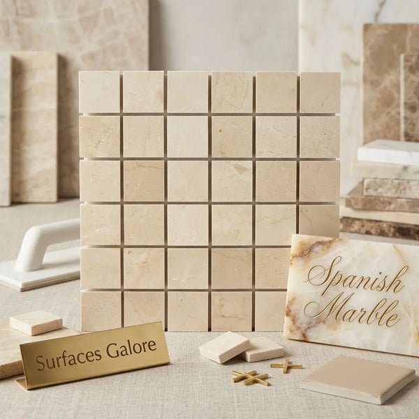 Beige crema marfil marble 2x2 mosaic tile panel with subtle veining and polished finish for elegant surfaces