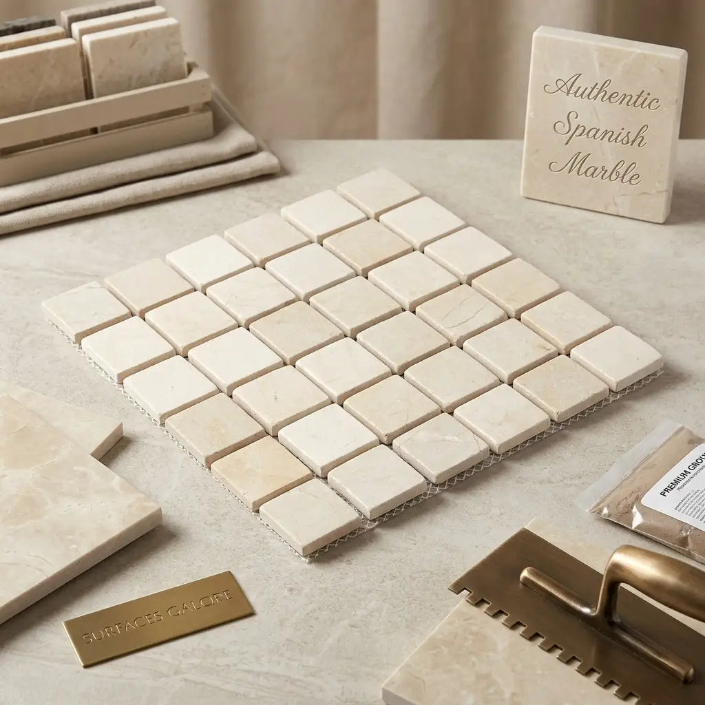 Beige crema marfil marble 2x2 mosaic tumbled tiles with subtle veining arranged in a grid pattern on mesh backing