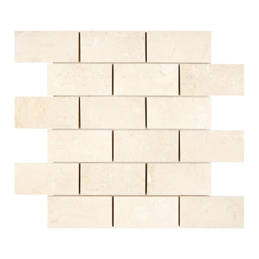 Rectangular beige brick mosaic of Crema Marfil Marble in polished or honed finish