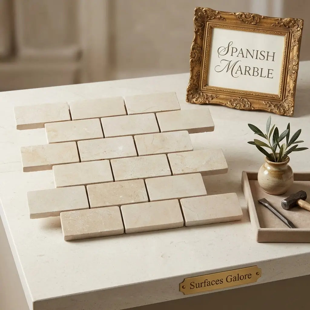 Beige crema marfil marble 2x4 brick mosaic tumbled tiles arranged in a classic brick pattern
