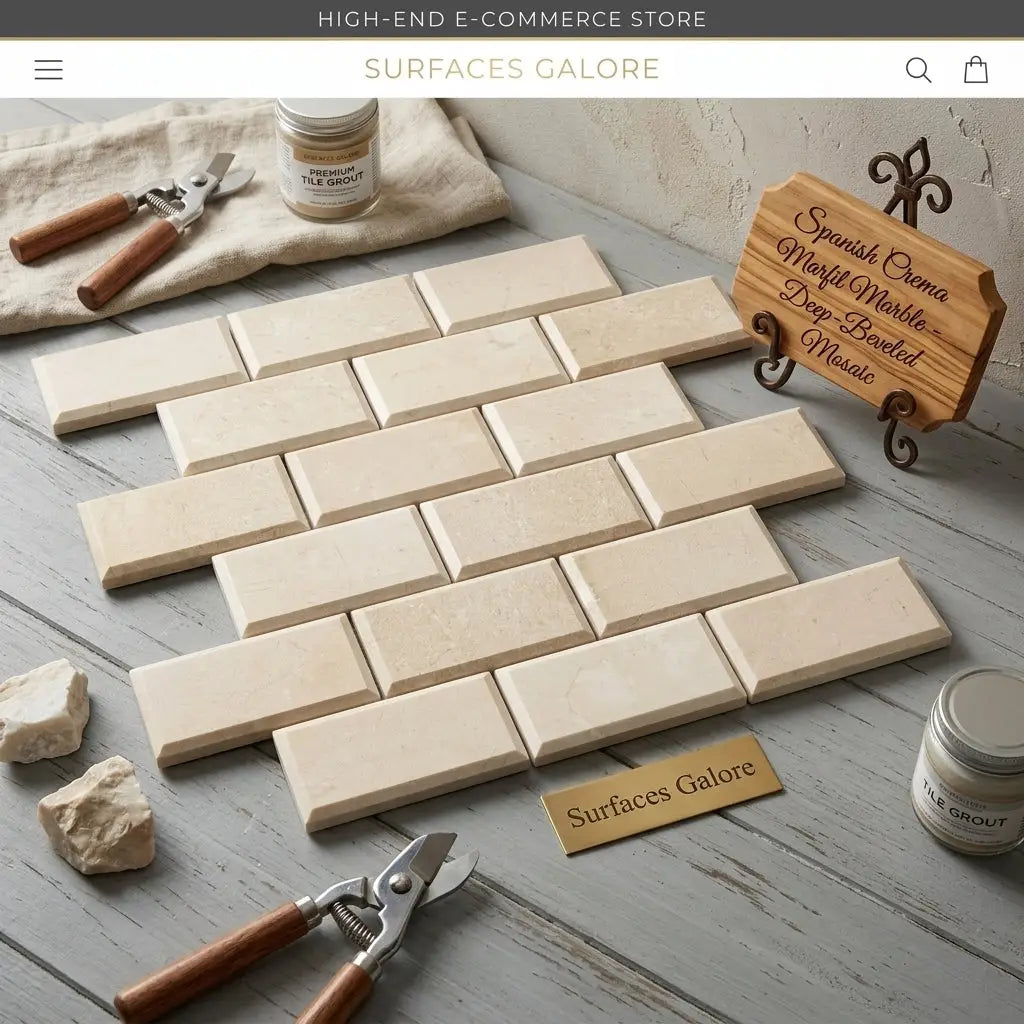 Beige crema marfil marble 2x4 deep beveled mosaic tiles arranged in a polished-honed brick pattern