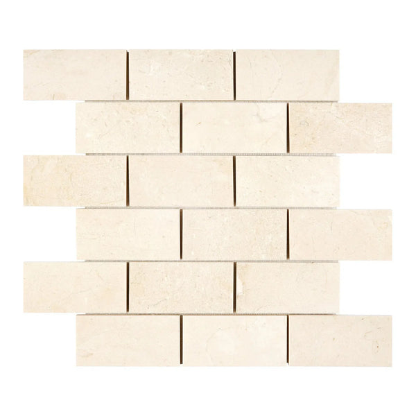 Rectangular beige brick mosaic featuring Crema Marfil Marble in polished-honed finish