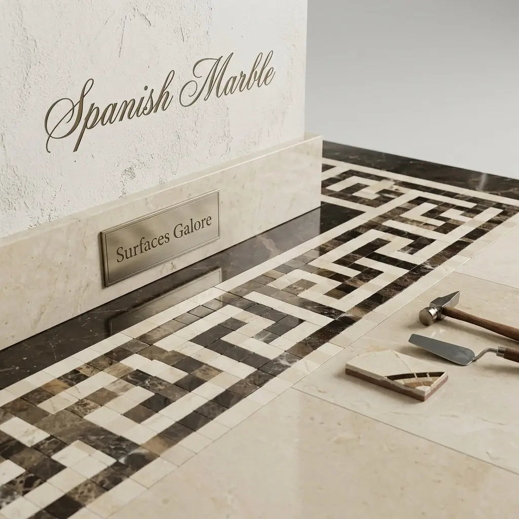 Elegant crema marfil marble mosaic tile with polished black beige and cream geometric greek key border pattern