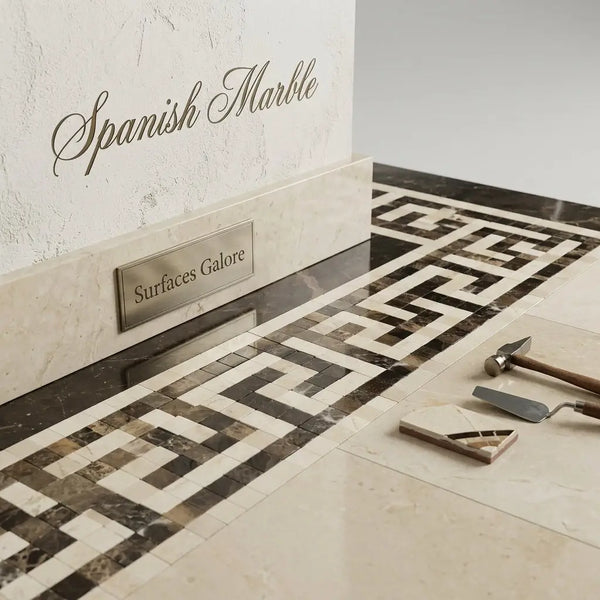 Elegant crema marfil marble mosaic tile with polished black beige and cream geometric greek key border pattern