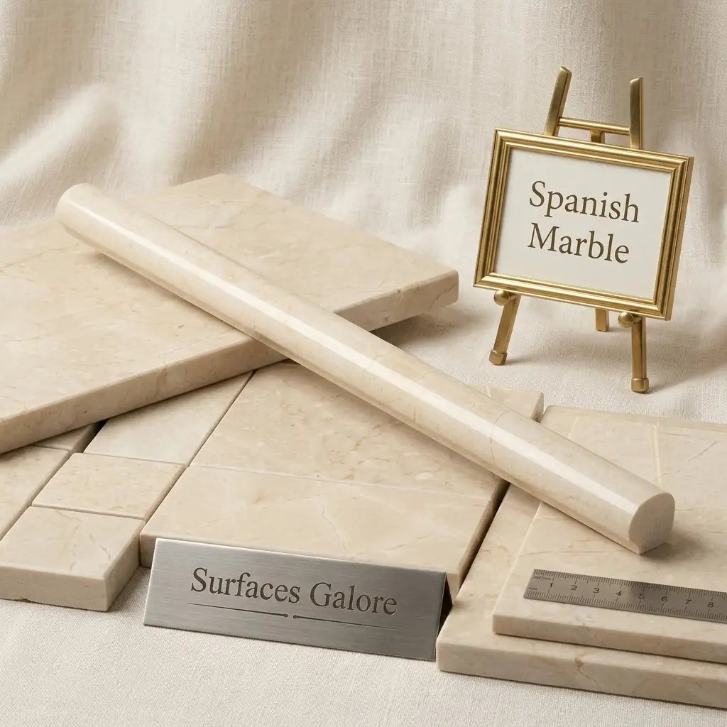 Cream-colored Crema Marfil marble tiles with subtle veining and polished finish displayed with matching bullnose slab