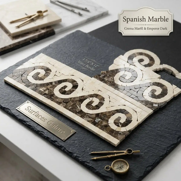 Crema marfil marble rectangular tile with creamy white and dark brown swirling pattern and wire border polished finish