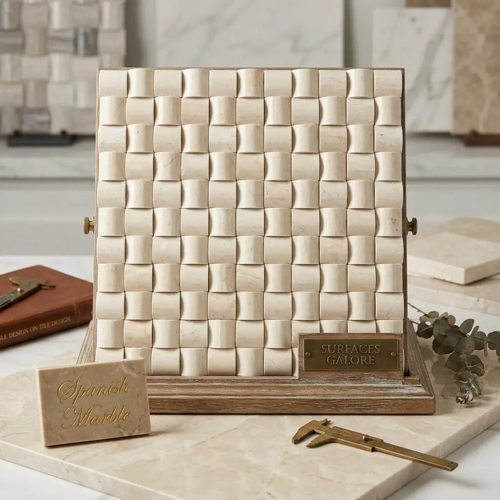 Cream-colored crema marfil marble tile sample with three-dimensional woven grid pattern and brass hardware