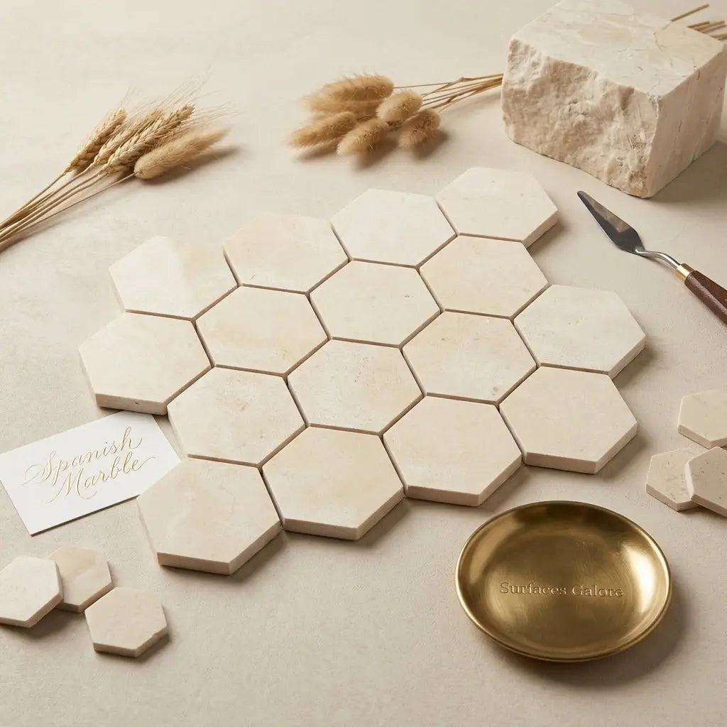 Beige crema marfil marble hexagon mosaic tiles polished or honed arranged in a honeycomb pattern