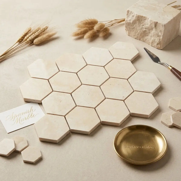 Beige crema marfil marble hexagon mosaic tiles polished or honed arranged in a honeycomb pattern