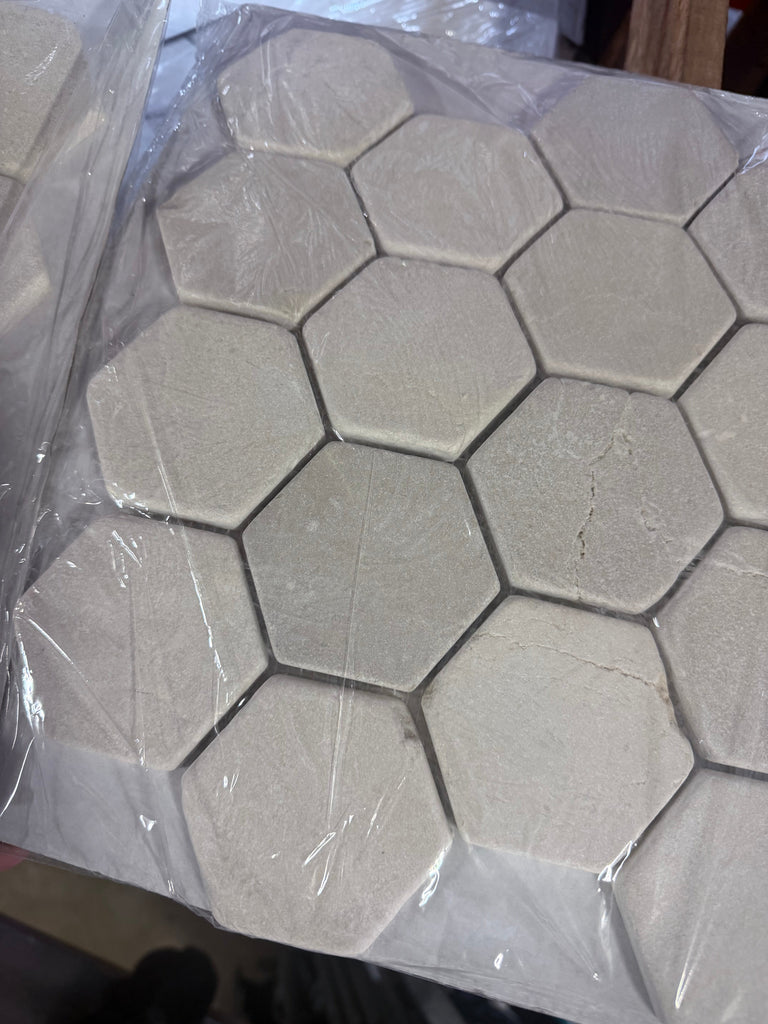 Crema Marfil Marble 3-inch Hexagon Mosaic Tumbled in Clear Plastic