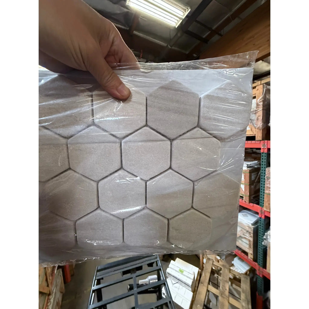 Crema Marfil Marble 3-inch Hexagon Mosaic Tumbled Tile Panel