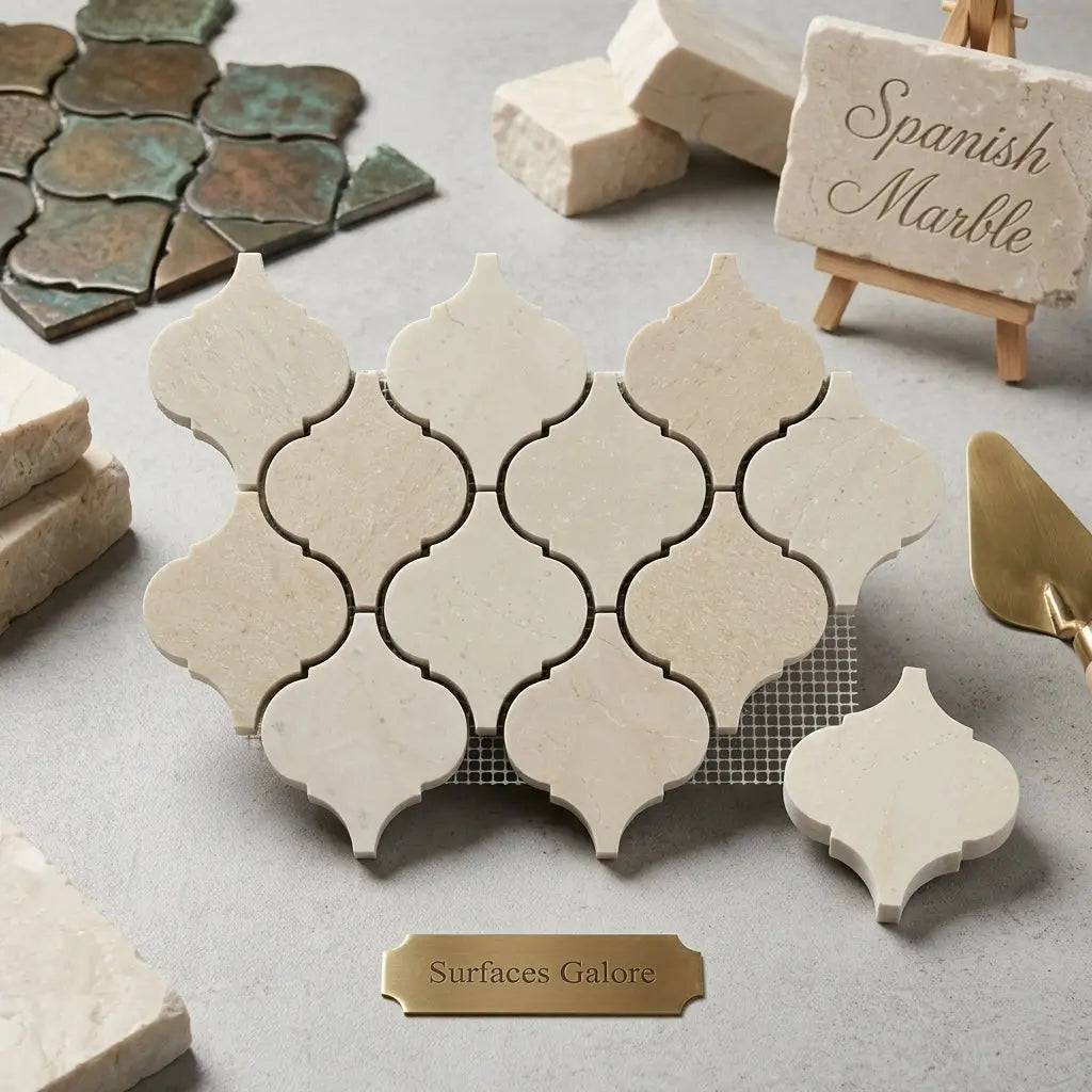 Beige crema marfil marble 3 inch quatrefoil mosaic tiles polished or honed in arabesque moroccan baroque style
