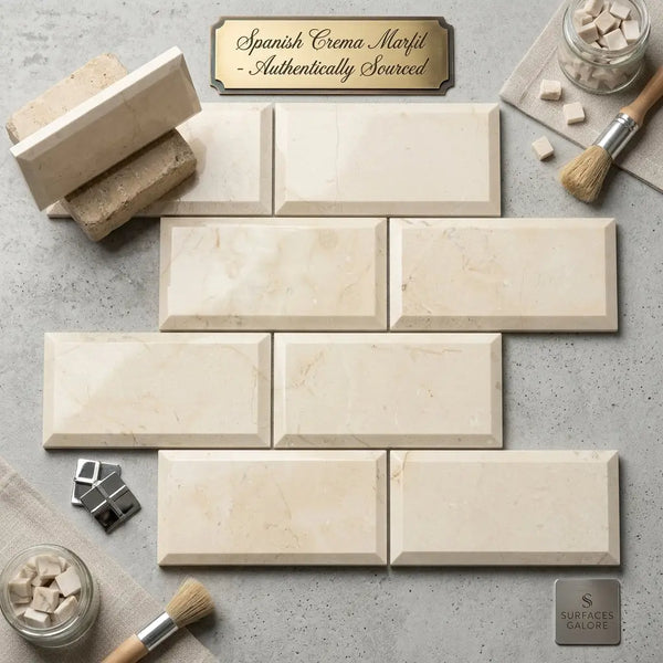 Cream-colored crema marfil marble 3x6 deep-beveled tiles with subtle veining in a polished-honed subway layout
