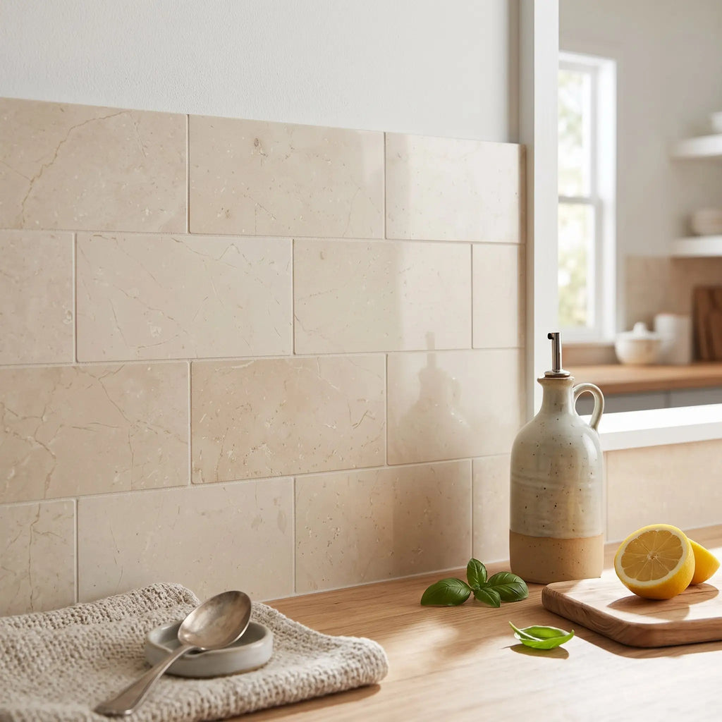 Beige crema marfil marble 3x6 ceramic tile backsplash with subtle natural stone veining in polished or honed finish