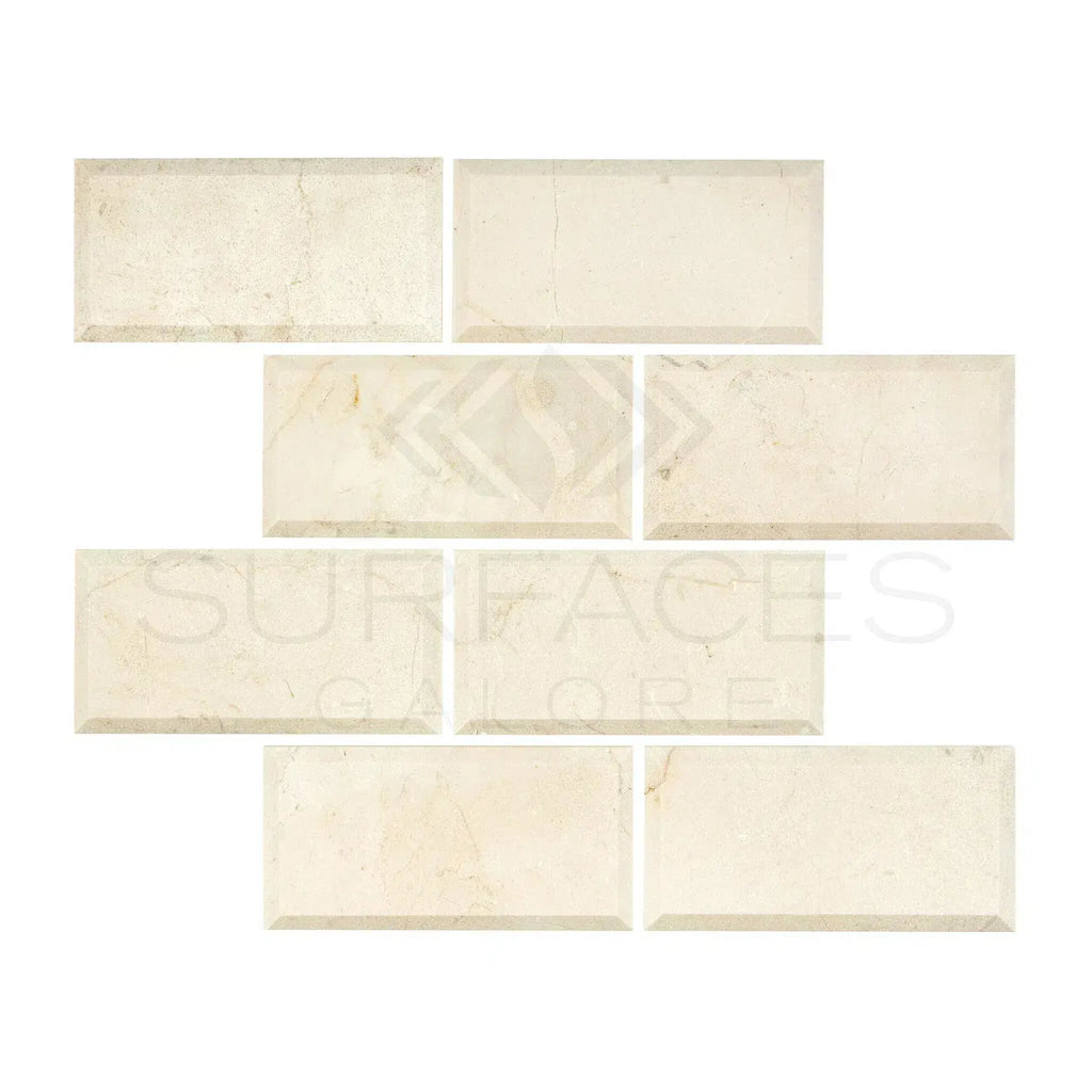 Beveled cream-colored rectangular Crema Marfil Marble tiles in polished or honed finish