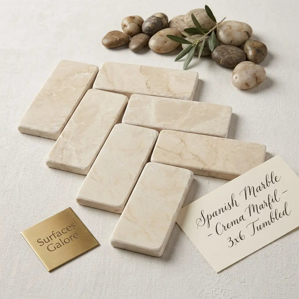 Cream-colored Crema Marfil marble 3x6 tiles with subtle veining and a tumbled finish for elegant surfaces