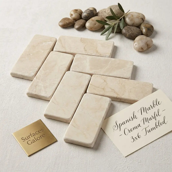 Cream-colored Crema Marfil marble 3x6 tiles with subtle veining and a tumbled finish for elegant surfaces