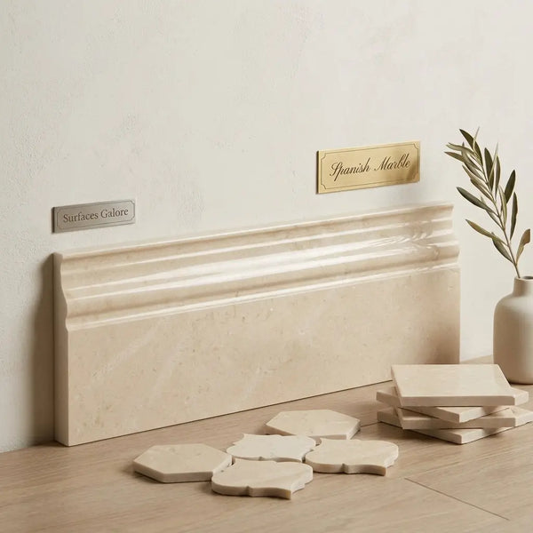 Beige crema marfil marble baseboard trim with smooth polished finish and subtle veining measuring 4 3/4 by 12 inches