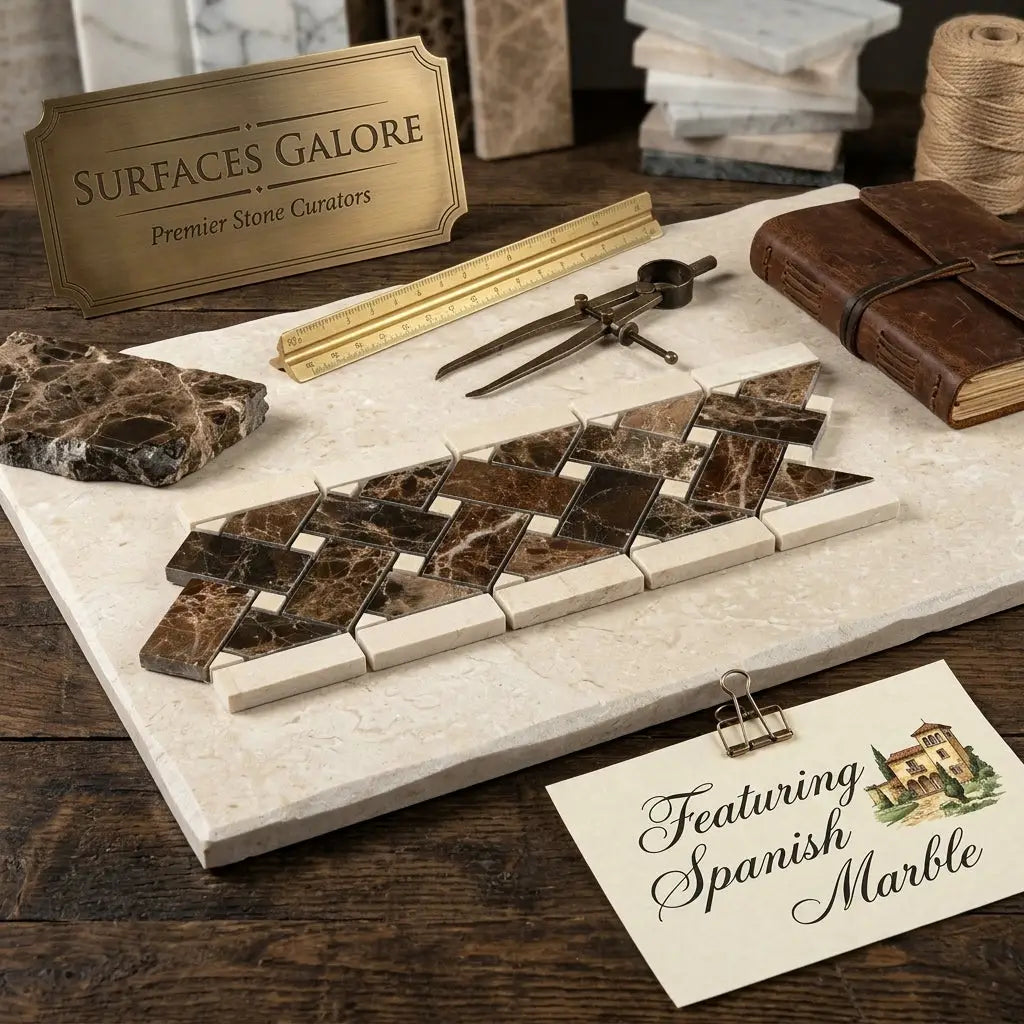 Crema Marfil marble 4 3/4x12 basketweave border mosaic with interlocking brown and cream marble pieces in a diagonal weave