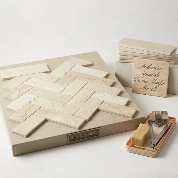 Beige crema marfil marble 4x12 polished or honed tiles arranged in a herringbone pattern on a display board