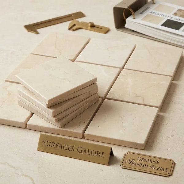 Beige crema marfil marble 4x4 polished or honed square tiles with subtle veining crafted from genuine spanish marble