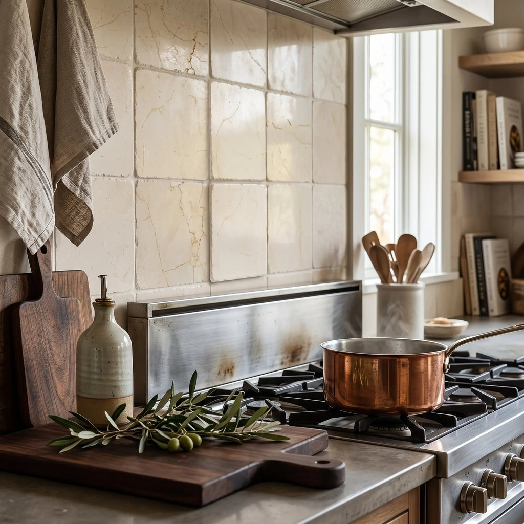 Copper pot with a long handle resting on a gas stove complementing crema marfil marble 4x4 tumbled tiles